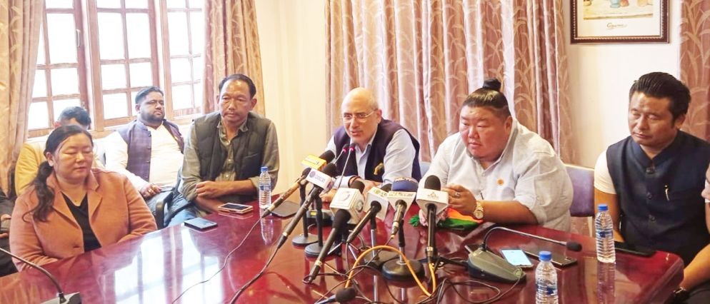 BJP National Spokesperson and incharge of Nagaland, Nalin Kohli; Nagaland BJP President, Temjen Imna Along Longkumer, former Congress MLA and later NPF candidate Khekaho Assumi, who recently joined the BJP, and others at the press conference in Chümoukedima on February 11. (Twitter Photo)